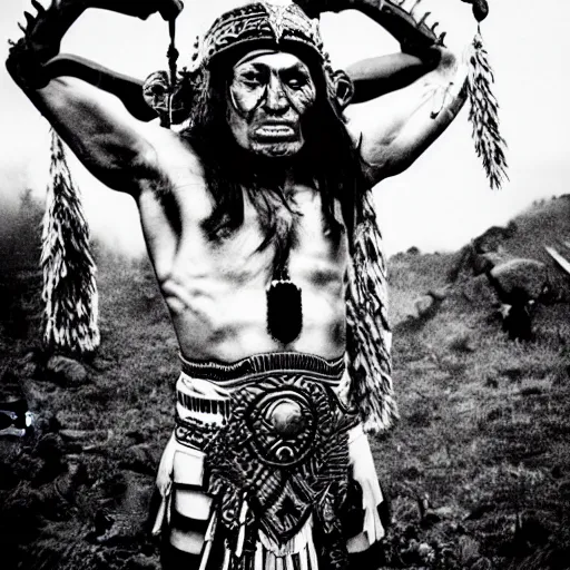 Image similar to Maori warrior during ancient extreme sports by david lachapelle, old photo, black and white, vintage