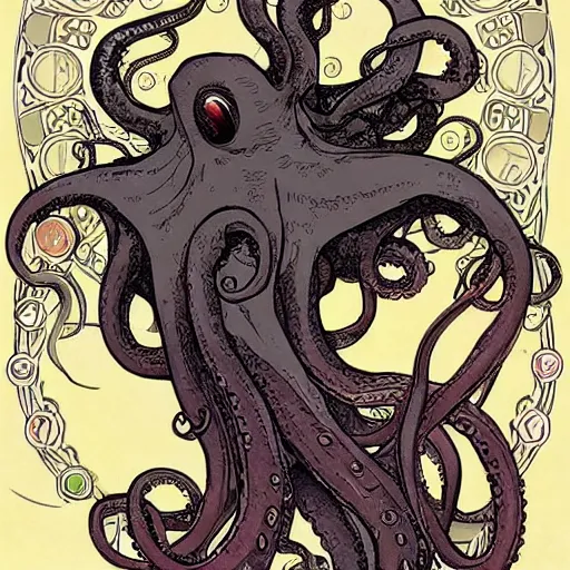 Image similar to tentacles beast octopus abysmal creature art by ashley wood, alphonse mucha, makoto shinkai, geof darrow,