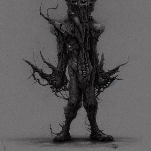 Image similar to goblin concept art, full body, beksinski