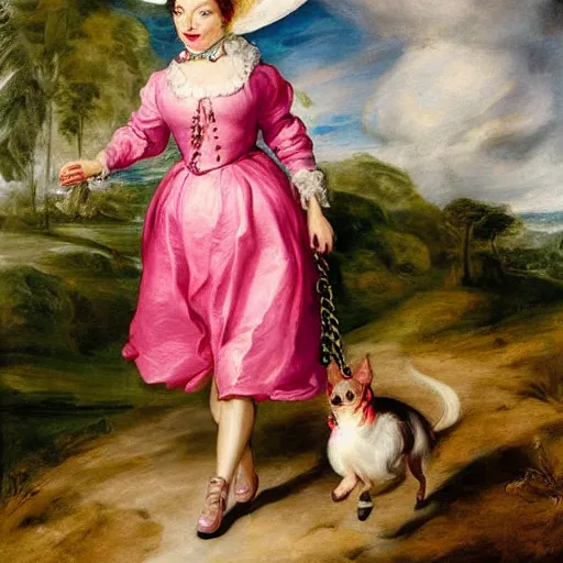 Image similar to heavenly summer sharp land sphere scallop well dressed lady walking her little pink chihuahua by the leash, auslese, by peter paul rubens and eugene delacroix and karol bak, hyperrealism, digital illustration, fauvist, walking her little pink chihuahua by the leash