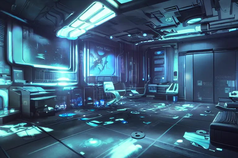 Image similar to cyberpunk alien concept inspired room, futuristic look, highly detailed body, very powerful, photorealistic camera shot, bright studio setting, studio lighting, crisp quality and light reflections, unreal engine 5 quality render