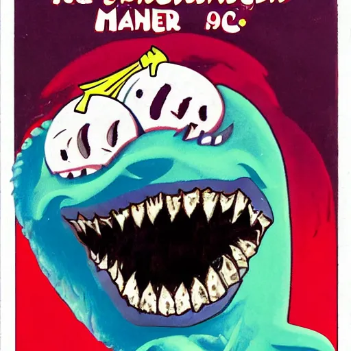 Image similar to ice cream monster man laughing, 1 9 8 6 horror painted art book cover, thick lines