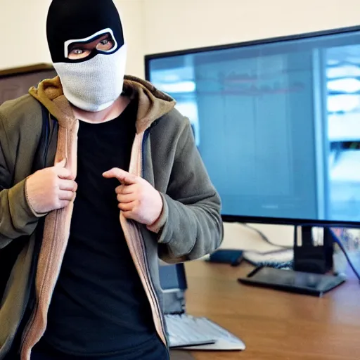 Image similar to a hacker walking into an interview wearing a ski mask.