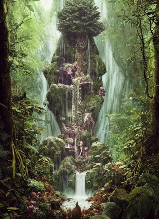 Prompt: a hyper realistic witch shrine under a waterfall in the woods, gorgeous lighting, lush forest foliage, painting by chiara bautista and tom bagshaw, muca beksinski and norman rockwell and greg rutkowski weta studio, and lucasfilm