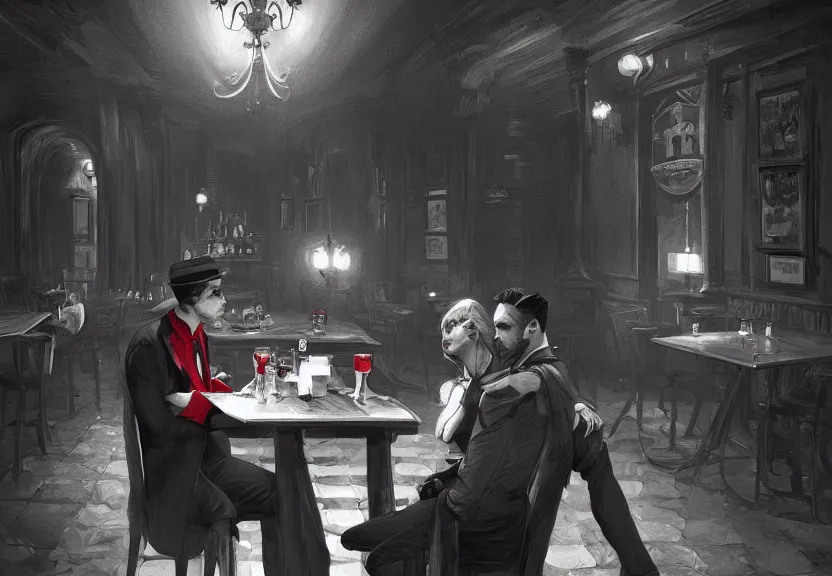 Image similar to the devil demon and a handsome Frenchman sitting in a Irish pub, film noir style, black and white and red colors, establishing shot, highly detailed, digital painting, artstation, concept art, smooth, sharp focus, illustration, Unreal Engine 5, 8K, art by artgerm and greg rutkowski and alphonse mucha