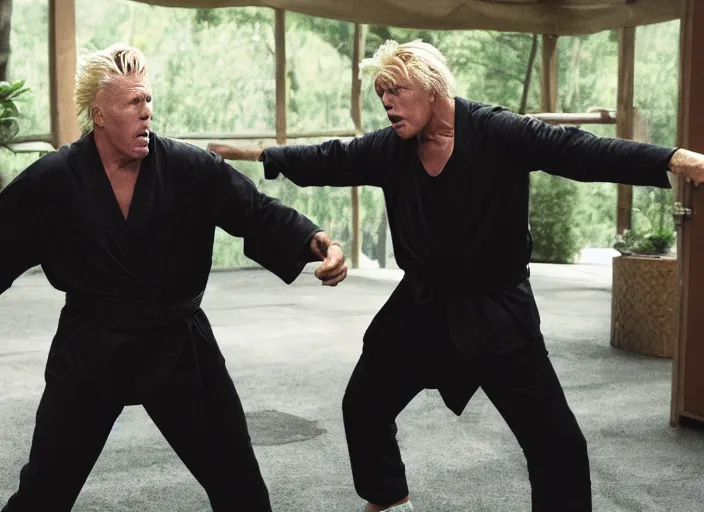 Image similar to film still of Gary Busey fighting Ninjas in the new Bloodsport movie, 8k