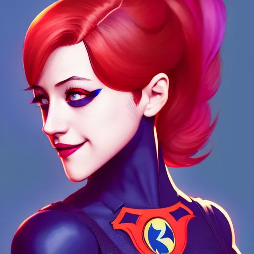 Image similar to a portrait of Lili Reinhart Batgirl comics, red hair, art by lois van baarle and loish and ross tran and rossdraws and sam yang and samdoesarts and artgerm, digital art, highly detailed, intricate, sharp focus, Trending on Artstation HQ, deviantart, unreal engine 5, 4K UHD image