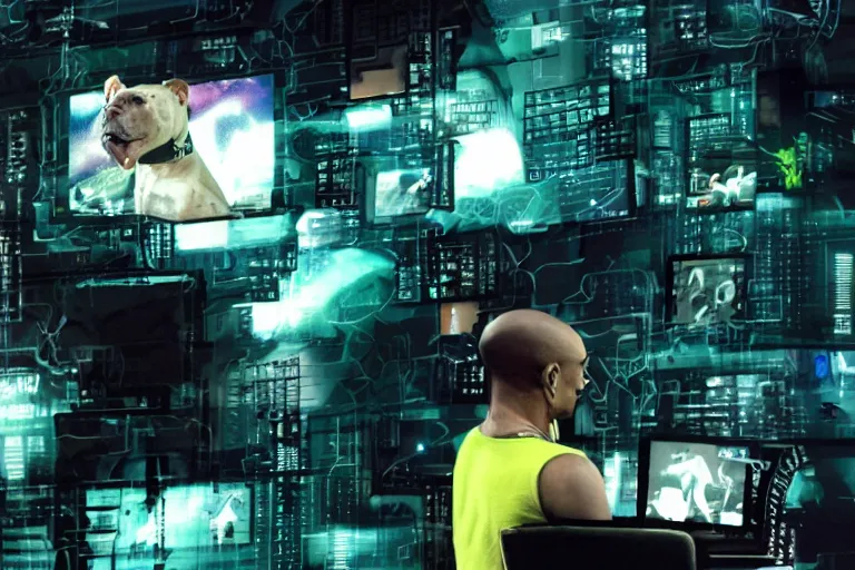 Image similar to cyborg - pitbull, surrounded by screens, in 2 0 5 5, y 2 k cybercore, industrial low - light photography, still from a ridley scott movie