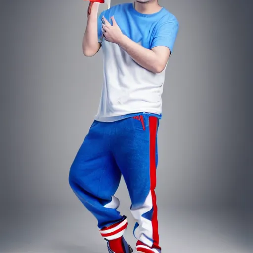 Image similar to a full body shot of an average white, short young - adult man with blue dyed hair, wearing a red backwards cap, white t - shirt with a red no symbol on it, blue long pants and red shoes, holding a microphone, studio lighting, photoshoot, grey background