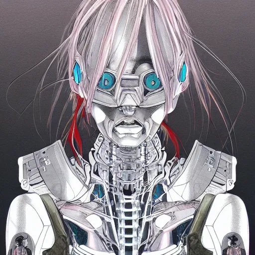 Prompt: beautiful and ultradetailed female cyborg painted in miyazaki color style drawn by tsutomu nihei, high detail, intricate linework, sharp, ghost in the shell, smooth face, china doll face, high detail, manga and anime