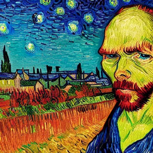 Image similar to painting of the last human on earth watching annalien invasion descending onto a city, in the style of Vincent Van Gogh and Edward Hopper