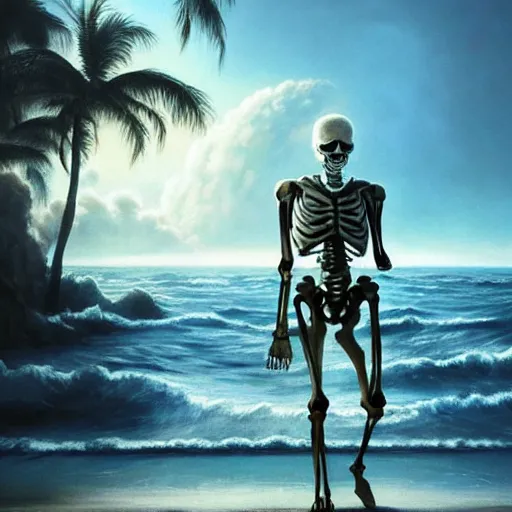 Prompt: Beautiful painting of relaxed white skeleton walking on the tropical beach with nuclear bomb explosion on the ocean, high quality, trending on Artstation, realistic, by Greg Rutkowski, highly detailed big nuclear explosion in the background, vibrant light color scheme, coherent, photorealism