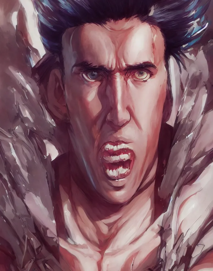 Image similar to anime portrait of nicolas cage as a muscular anime boy by Stanley Artgerm Lau, WLOP, Rossdraws, James Jean, Andrei Riabovitchev, Marc Simonetti, and Sakimichan, trending on artstation