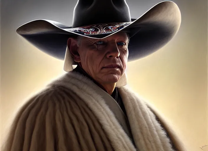 Image similar to portrait shot of white darth vader dressed like a texas sheriff wearing a cowboy hat, intricate, elegant, highly detailed, centered, digital painting, artstation, concept art, smooth, sharp focus, illustration, artgerm, tomasz alen kopera, peter mohrbacher, donato giancola, joseph christian leyendecker, wlop, boris vallejo