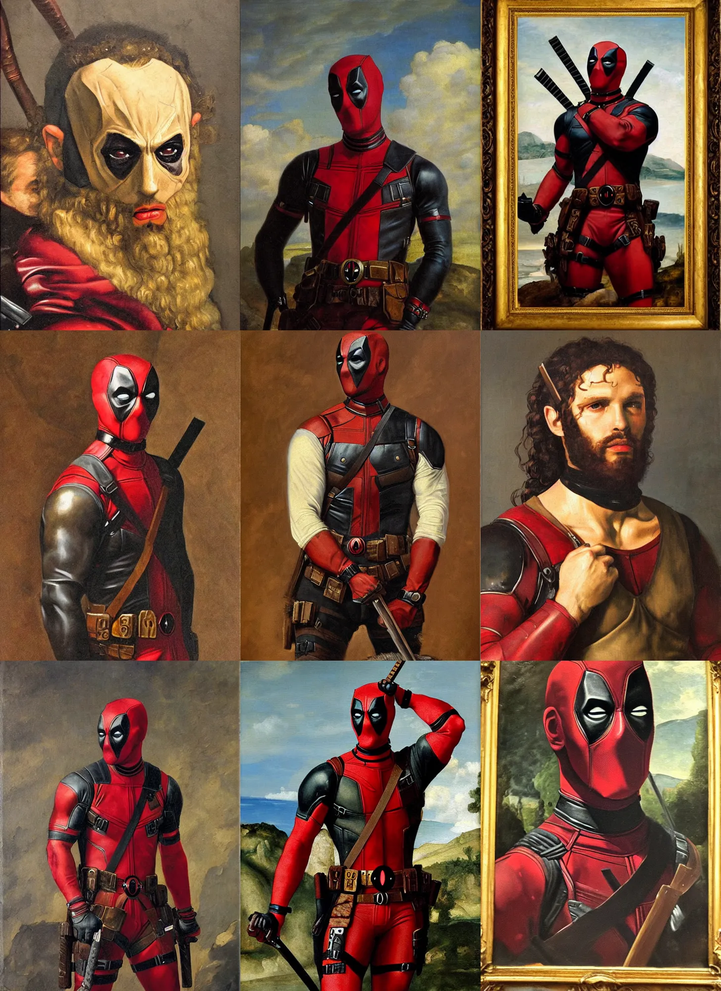 Prompt: oil painting of renaissance deadpool created by gustave courbet and michaelangelo, fantasy, portrait, highly detailed, large brush strokes