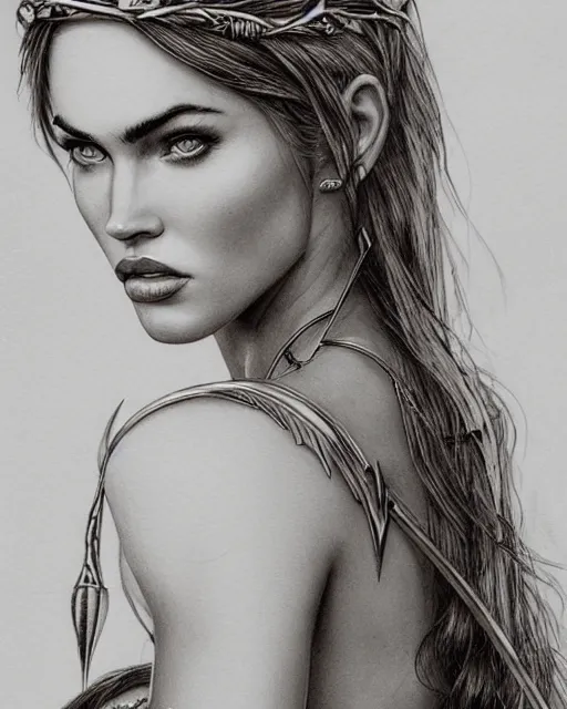 Image similar to portrait of beautiful megan fox as greek goddess aphrodite, archer, arrow on the head, beautiful piercing eyes, flowing blonde hair, realistic face, black and white drawing, in the style of greg rutkowski, fantasy, amazing detail, epic, intricate, elegant, smooth, sharp focus