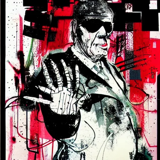 Prompt: Graphic Illustration, Creative Design, minimalist background, techwear, Cyberpunk, Portrait, Character Design, graffiti, by Ralph Steadman, Francis Bacon, Hunter S Thompson