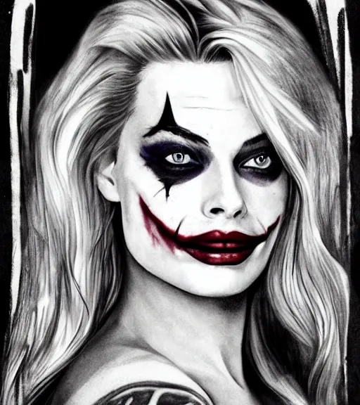 Image similar to tattoo design sketch of beautiful margot robbie with faded joker makeup and holding an ace card, in the style of den yakovlev, realistic face, black and white, realism tattoo, hyper realistic, highly detailed