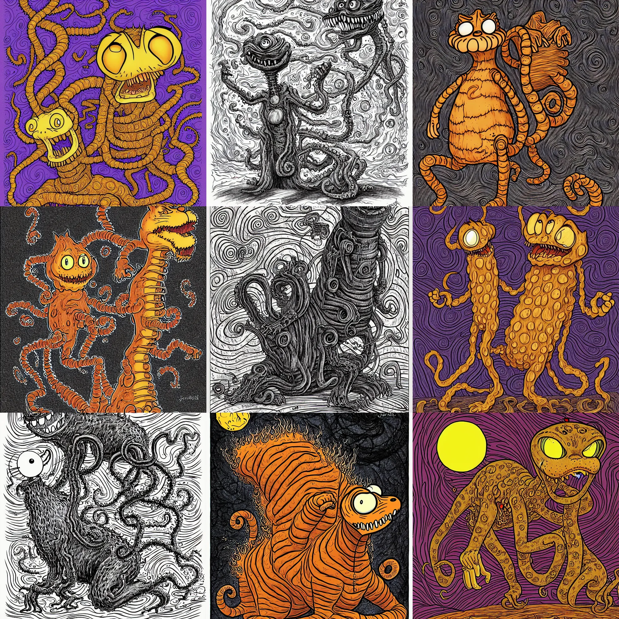 Prompt: Garfield as an eldritch abomination, illustrated by Junji Ito, Lovecraftian, digital art, line art, highly detailed