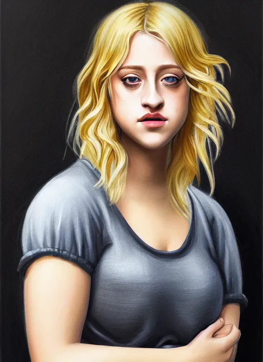 Image similar to full body portrait, teenage lili reinhart, blonde hair, obese, bangs, ponytail, sultry, realistic, sultry, fluffy bangs, shirt, curly bangs, fat, belly, intricate, elegant, highly detailed, digital painting, artstation, concept art, smooth, sharp focus, illustration, art by wlop, mars ravelo and greg rutkowski