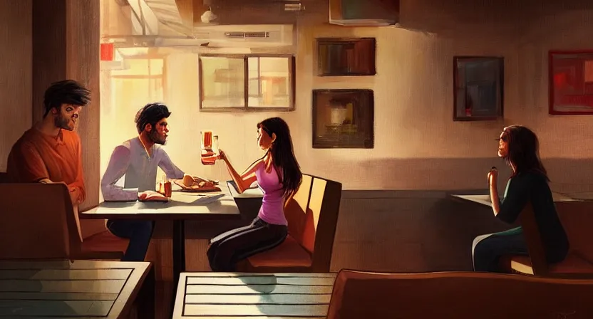 Prompt: a guy and a girl on a date in a restaurant, far corner. art by salman toor. faithfully depicted facial expression, perfect anatomy, sharp focus, global illumination, radiant light, detailed and intricate environment, trending on artstation