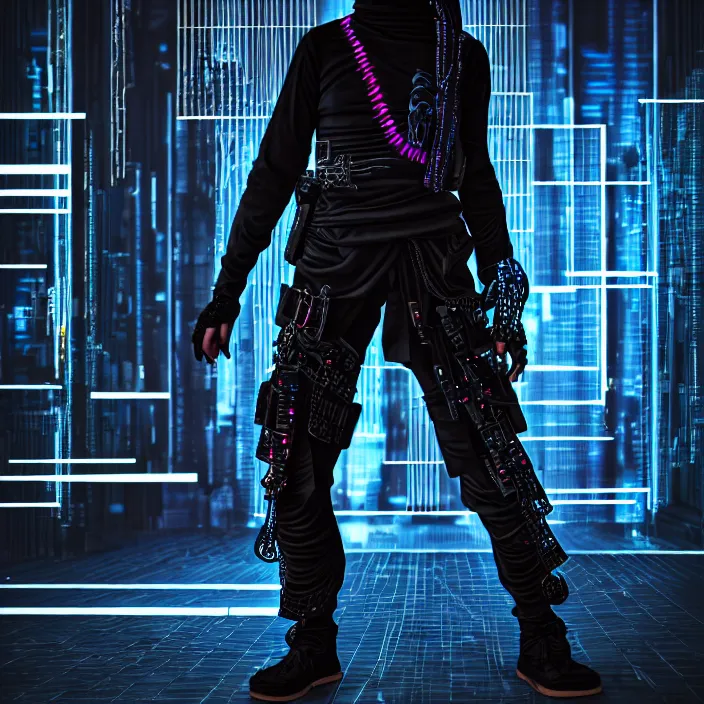 Prompt: full body photograph of a cyberpunk ninja, extremely detailed. dslr. 8 5 mm.