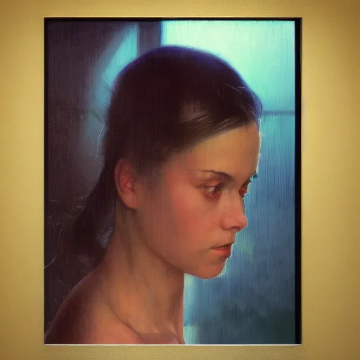 Prompt: detailed portrait of a woman, moment, cyberpunk cloisters, electronic billboards, tech noir, wet reflections, atmospheric, ambient, wlop, norman rockwell, alexis flower, hopper, livia prima, greg rutkowski, george tooker, gil elvgren, norman rockwell, alexis flower, hopper, mucha, whistler, norman rockwell, peter max,