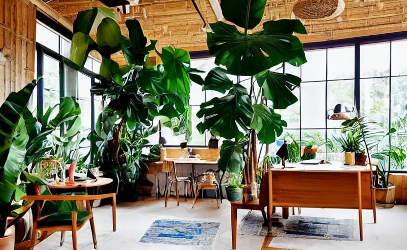 Image similar to tropical themed office interior, maximalist, multiple desks, bamboo wood, cupboards, tropical plants, natural materials, earth colors, bohemian, swedish design, carpets, large windows with a view of a lush park, bright, white