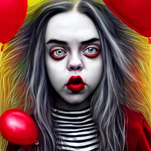 Image similar to surrealism grunge cartoon portrait sketch of billie eilish with a wide smile and a red balloon by - michael karcz, loony toons style, pennywise style, chucky style, horror theme, detailed, elegant, intricate