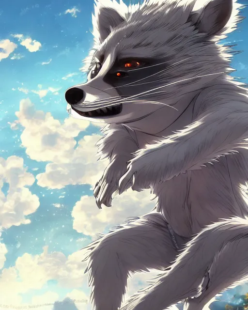 Prompt: key anime visuals of a an anthropomorphic raccoon. highly detailed, intricate, directed by makoto shinkai, anime manga style, trending on art station