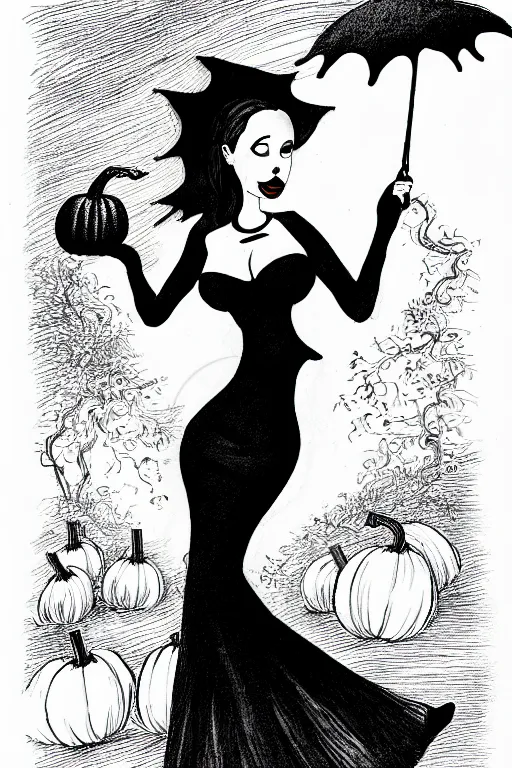 Image similar to black and white ink drawing of a beautiful curvy woman in short gothic skirt holding an umbrella next to a pumpkin by tim burton and edward gory