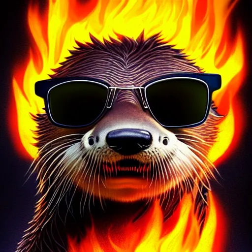 Prompt: selfie of a cute fluffy anthropomorphized otter wearing sunglasses surrounded by flames, fine detailed face, stunning 3 d render inspired art by greg rutkowski and xiang duan and thomas eakes, realistic, highly detailed attributes and atmosphere, dim volumetric cinematic lighting, 8 k octane detailed render, post - processing, masterpiece, vignette, soft focus, vibrant colors