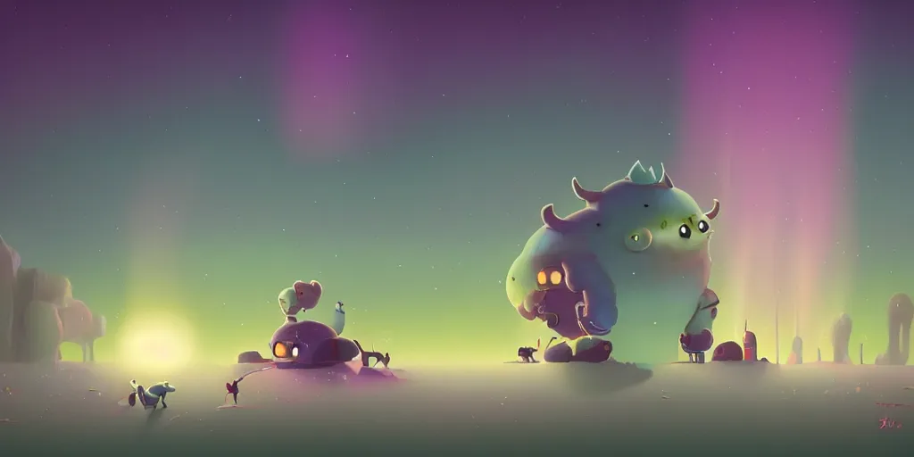 Image similar to cute monsters and Aurora borealis by Goro Fujita and Simon Stalenhag and Salvador Dali and Magritte, 8k, trending on artstation, hyper detailed, cinematic