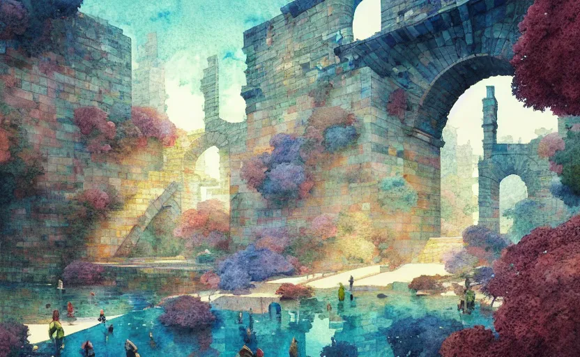 Image similar to tiled room squared waterway, aqueducts, fantasy. intricate, amazing composition, colorful watercolor, by ruan jia, by maxfield parrish, by marc simonetti, by hikari shimoda, by robert hubert, by zhang kechun, illustration, gloomy