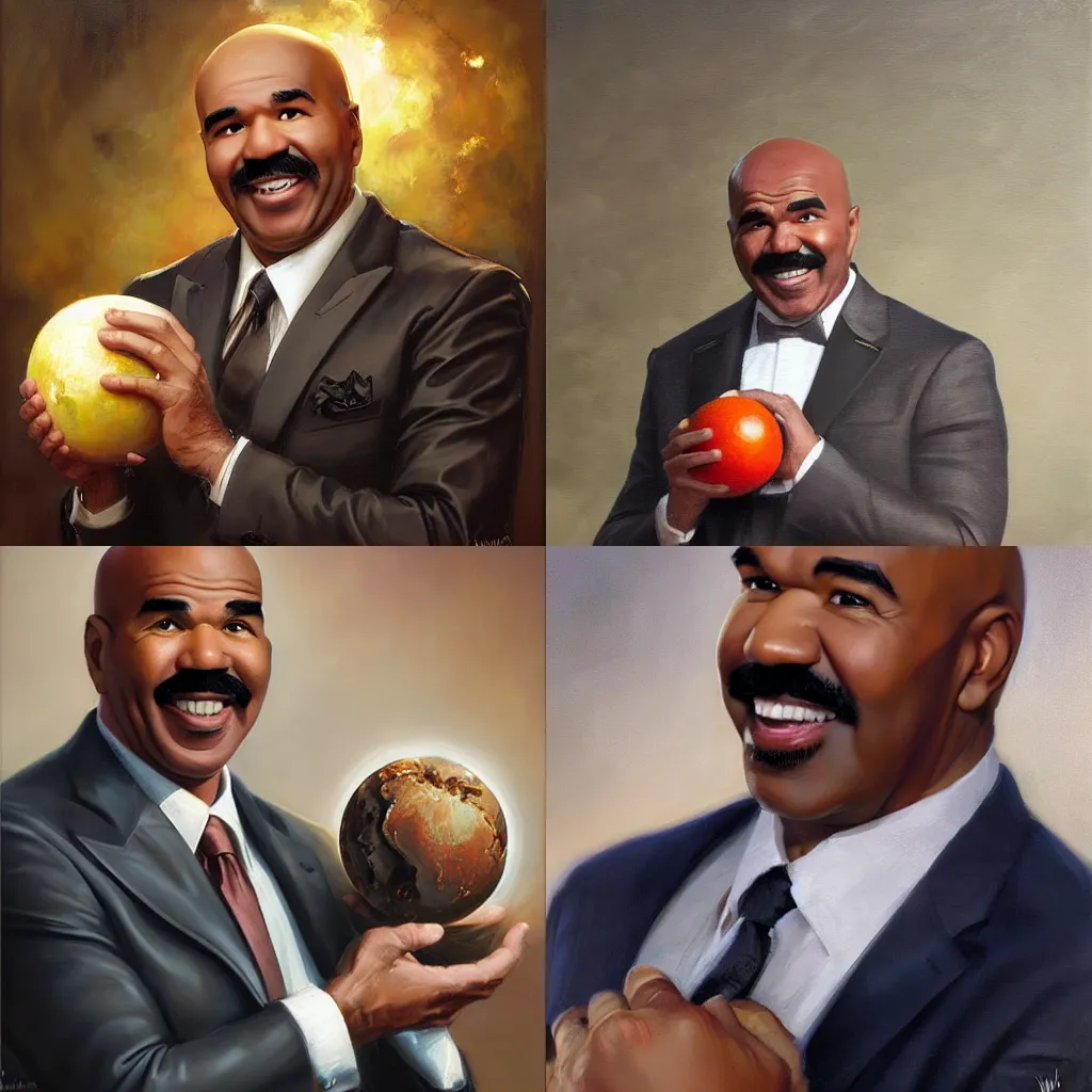 Prompt: a melancholy detail oil painting of Steve Harvey holding an Orb and smiling, by WLOP and Todd Lockwood, Greg Rutkowski