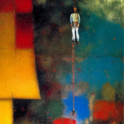 Image similar to a mechanical god hangs from the ceiling in a cold and empty room, a high detailed mordecai ardon painting, by adrian ghenie and gerhard richter. art by james gurney. masterpiece, deep colours.