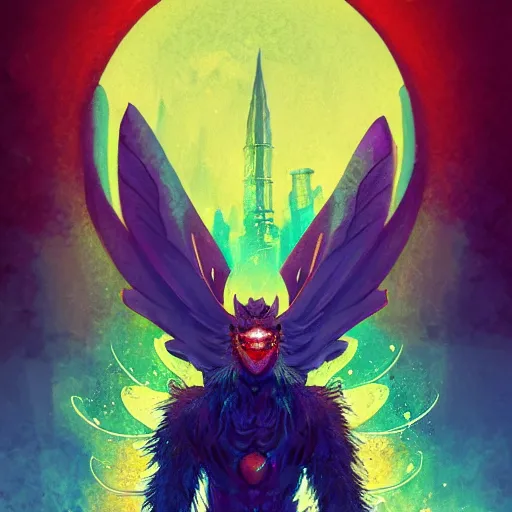 Image similar to 8K centered headshot Portrait of a psychedelic godlike mothman posing with a cigar with giant mandala wings smoking a hand-rolled cigarette smoking heavily , magic mushroom village in background , post-processing , award winning. superb resolution. in the art style of Satoshi Kon and Greg Rutkowski , Detailed Mushroom city in background , Hyper realistic anime , Perfect art , Dalle2