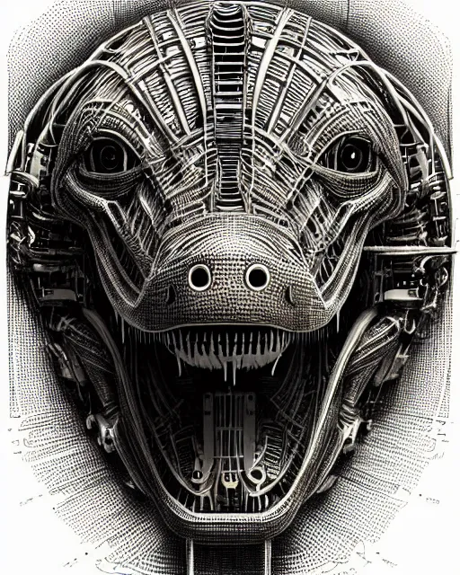 Image similar to intricate mechanical robot trex dinosaur head, transformer, symmetrical illustration, bold line symmetrical illustration by peter gric, hr giger, kim jung gi, joe fenton, scifi, screen print, trending on art station, sharp, high contrast, ultrafine hyper detailed,