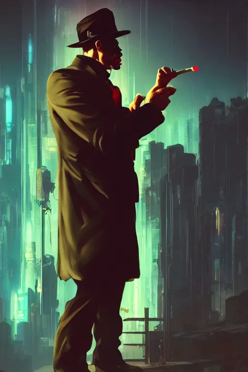Image similar to A mafia boss lighting a cigar in a cyberpunk setting, by Frank Frazetta, volumetric lighting, high contrast colours, as trending on Artstation, highly detailed,