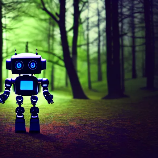 Image similar to a cute little robot in a wood. super realistic 8 k render of a dark hooded powerful elegant, cinematic composition