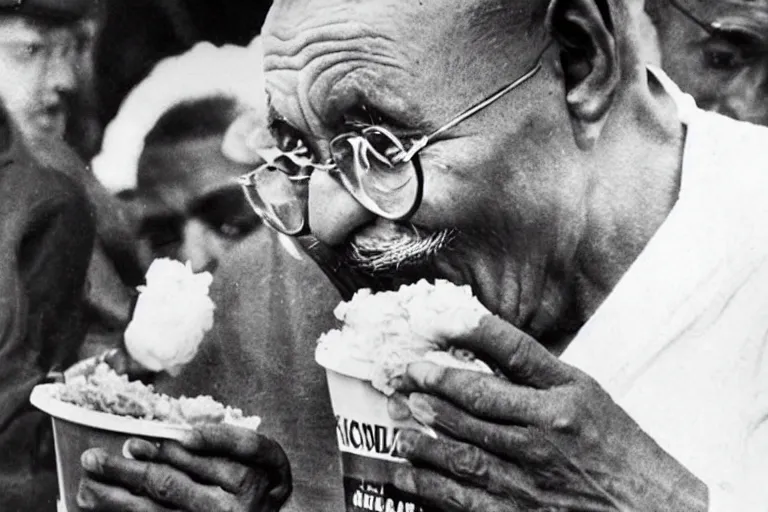 Prompt: candid photograph of ghandi secretly eating a bucket of kfc