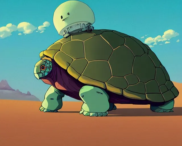 Image similar to a cell shaded cartoon giant turtle from howl's moving castle ( 2 0 0 4 ), on a desert road, illustration, wide shot, subtle colors, post grunge, concept art by josan gonzales and wlop, by james jean, victo ngai, highly detailed, sharp focus, trending on artstation, hq, deviantart, art by artgem