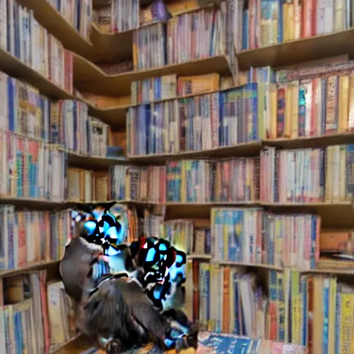 Image similar to monkeys moving into a college dorm stacking books on shelves