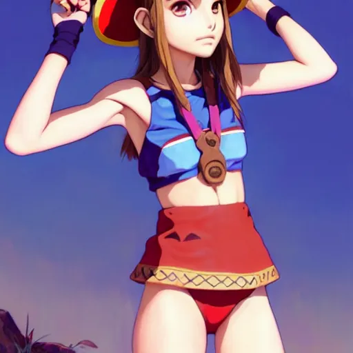 Image similar to beautiful boyish natalie portman gravure model in majora's mask, wearing wooden mask and baseball cap and leotard, street wear with subtle mayan patterns, aztec bathing suit, gapmoe yandere grimdark, trending on pixiv fanbox, painted by greg rutkowski makoto shinkai takashi takeuchi studio ghibli, akihiko yoshida