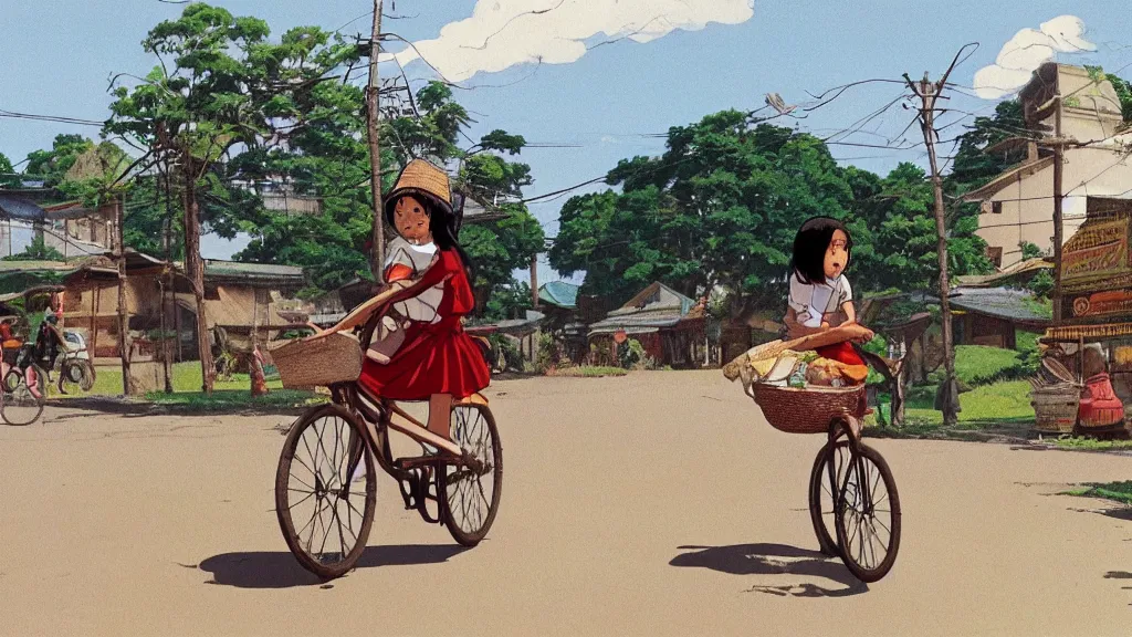 Image similar to a young girl riding a bike with a basket in a small town, 1970s philippines, art by hayao miyazaki, studio ghibli film, hi res, 4k, perfect face, wide shot