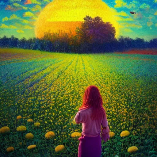 Prompt: large flower head, girl standing in a flower field, surreal photography, big trees, sunrise dramatic light, impressionist painting, colorful clouds, digital painting, pointillism, artstation, simon stalenhag