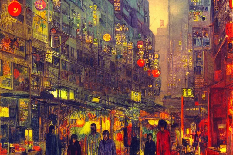 Image similar to dream festival, revelers playing games and shopping at a night market, low angle view from a city street lined with shops and apartments, glowing street signs, city like hong kong, tokyo, barcelona, oil painting by edvard munch, beksinski