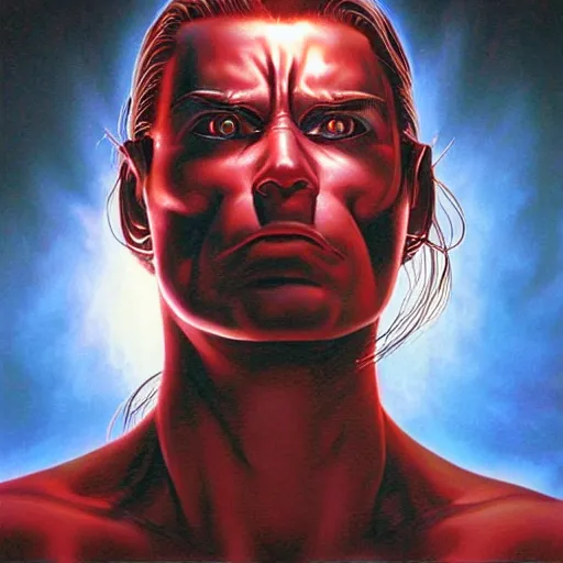 Prompt: portrait artwork of long flowing haired cyborg with damaged robot eye by Greg Hildebrandt. Cinematic lighting. Terminator 2 ending scene