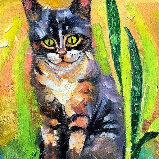 Image similar to palette knife oil painting of a cat surrounded by plants
