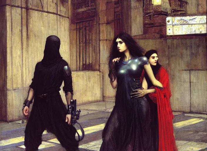 Prompt: Maria evades security guards. Cyberpunk hacker escaping Menacing Cyberpunk corporate security. (dystopian, police state, Cyberpunk 2077, bladerunner 2049). Iranian orientalist portrait by john william waterhouse and Edwin Longsden Long and Theodore Ralli and Nasreddine Dinet, oil on canvas. Cinematic, vivid colors, hyper realism, realistic proportions, dramatic lighting, high detail 4k